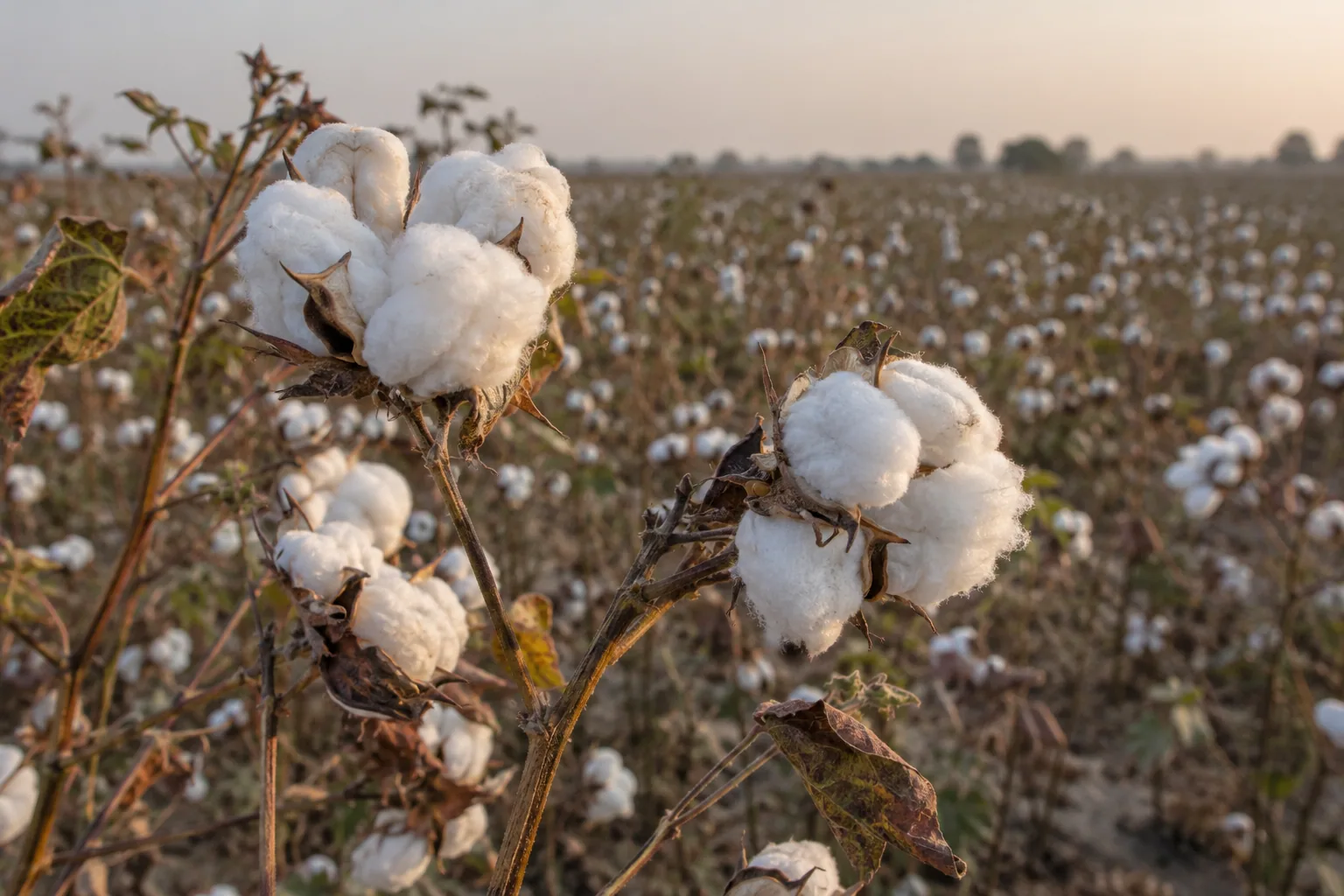 Open cotton bolls on a plant with a Punjab field stretching beyond