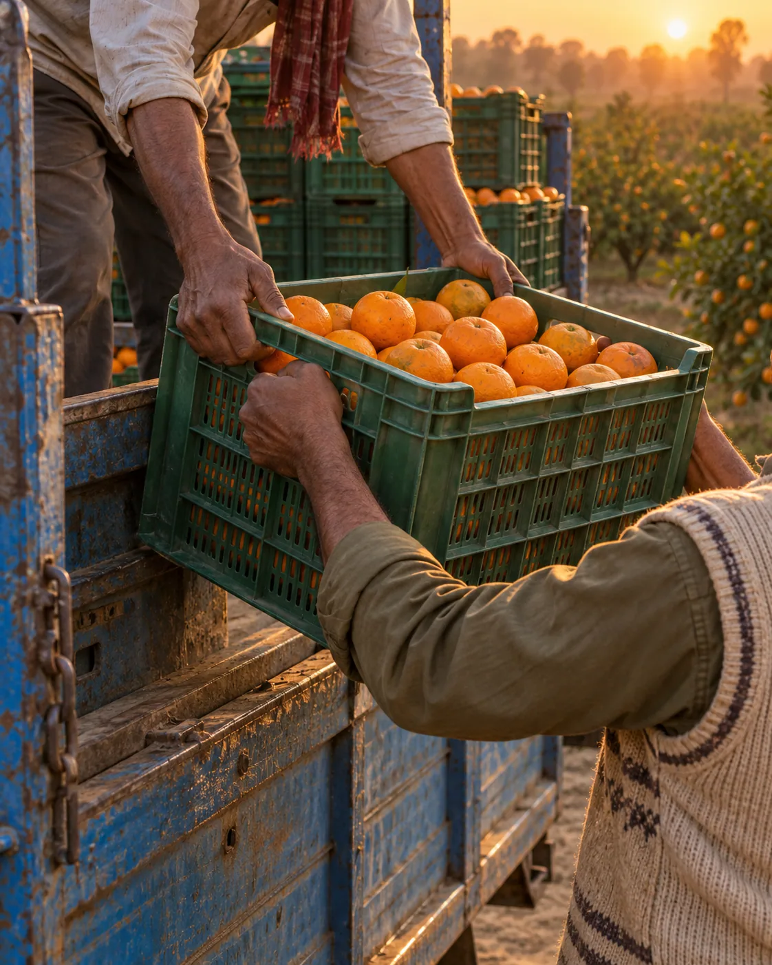 Hands passing a green crate of Kinnow at the back of a farm truck in warm winter light