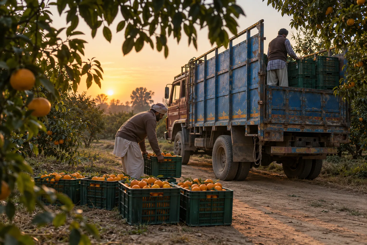 The last crates being loaded onto a partly hidden Indian truck at the edge of a Kinnow grove
