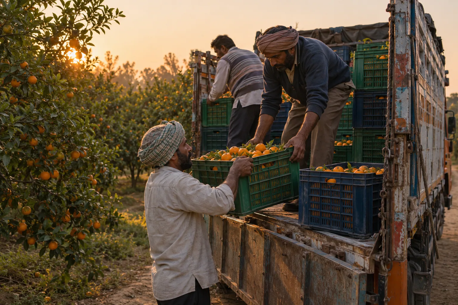 Workers loading Kinnow crates onto an Indian goods truck beside the orchard in low evening light