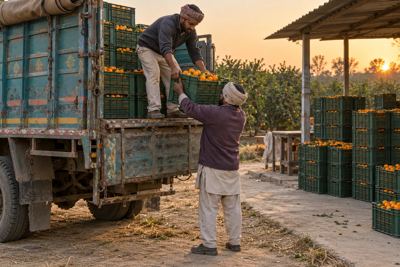 Workers unloading Kinnow crates from a traditional Indian truck beside a farm packing shed at sunset