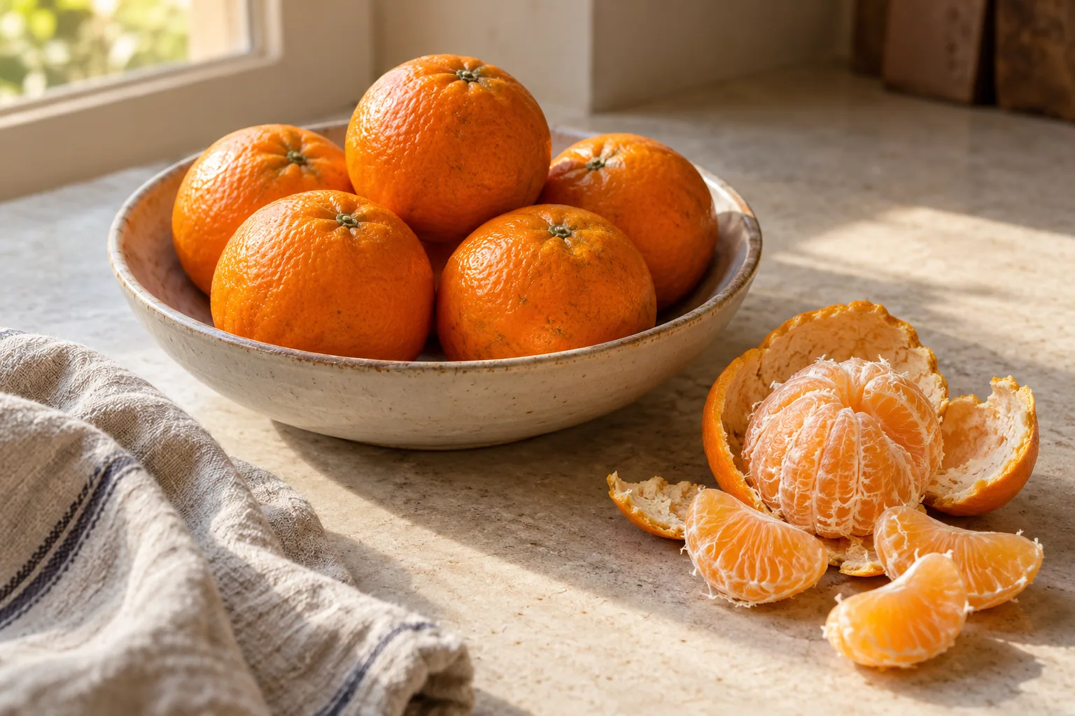 fresh Kinnow in a simple ceramic bowl at home
