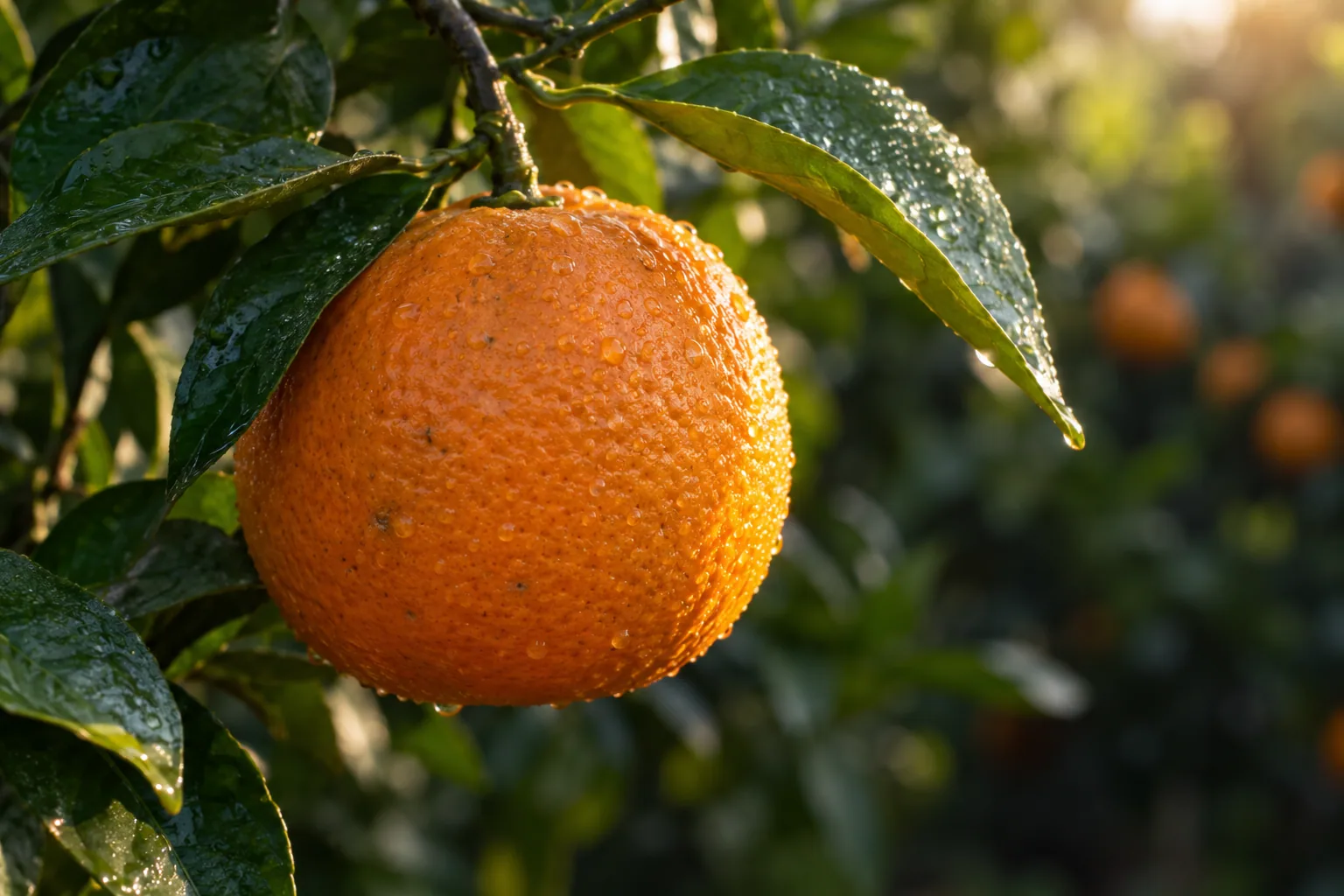 dew on a ripe Kinnow in morning light