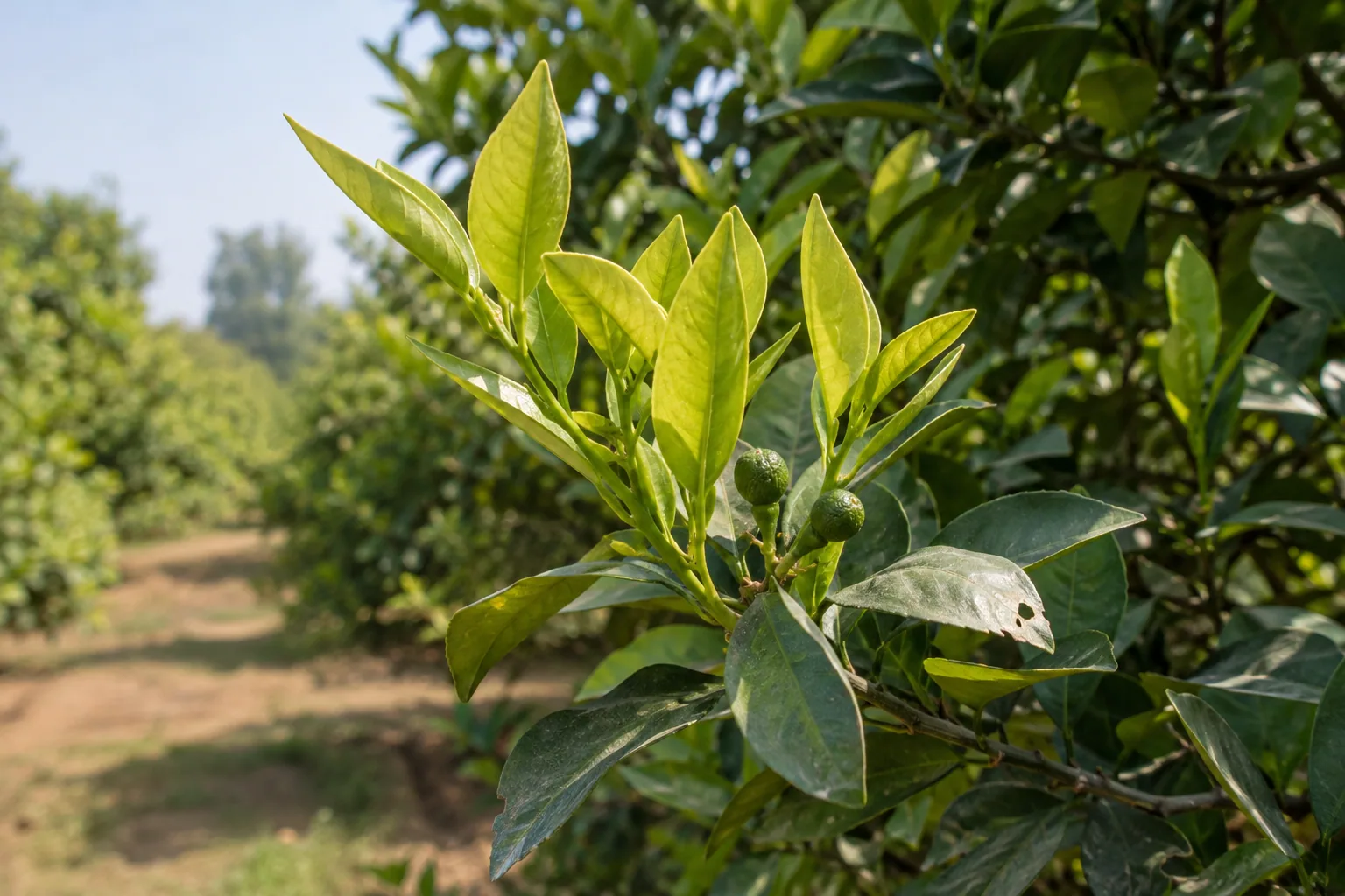 Fresh pale-green shoots and tiny young citrus fruit