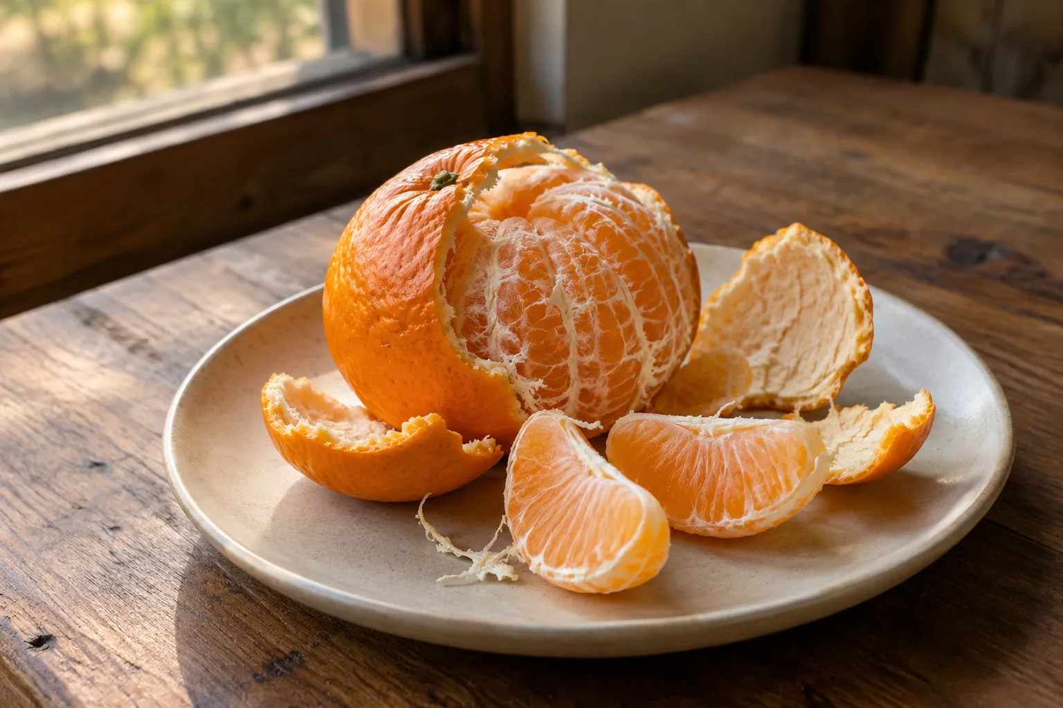 A freshly peeled Kinnow on a ceramic plate