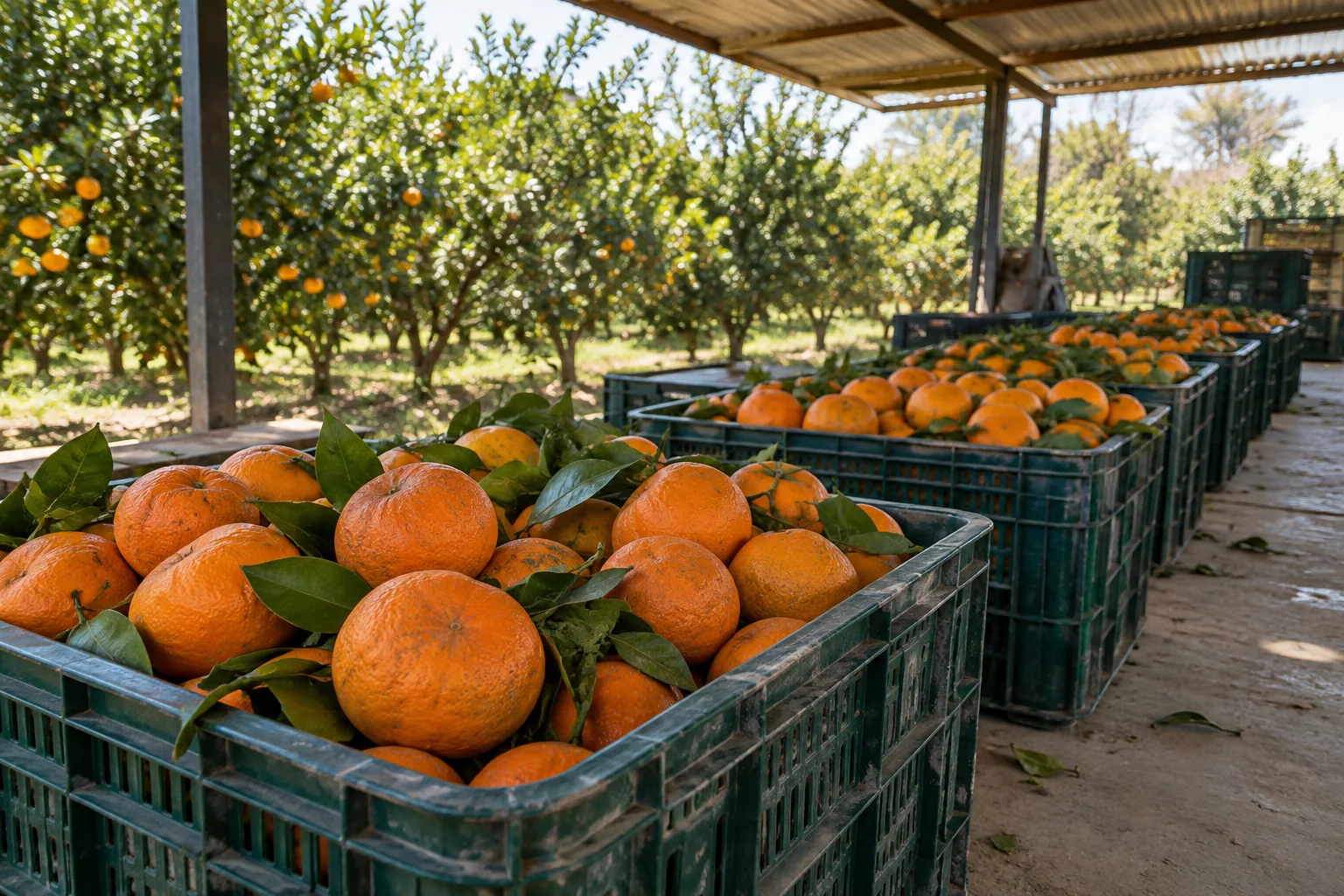 Harvest crates filled with Kinnow under a simple shade roof