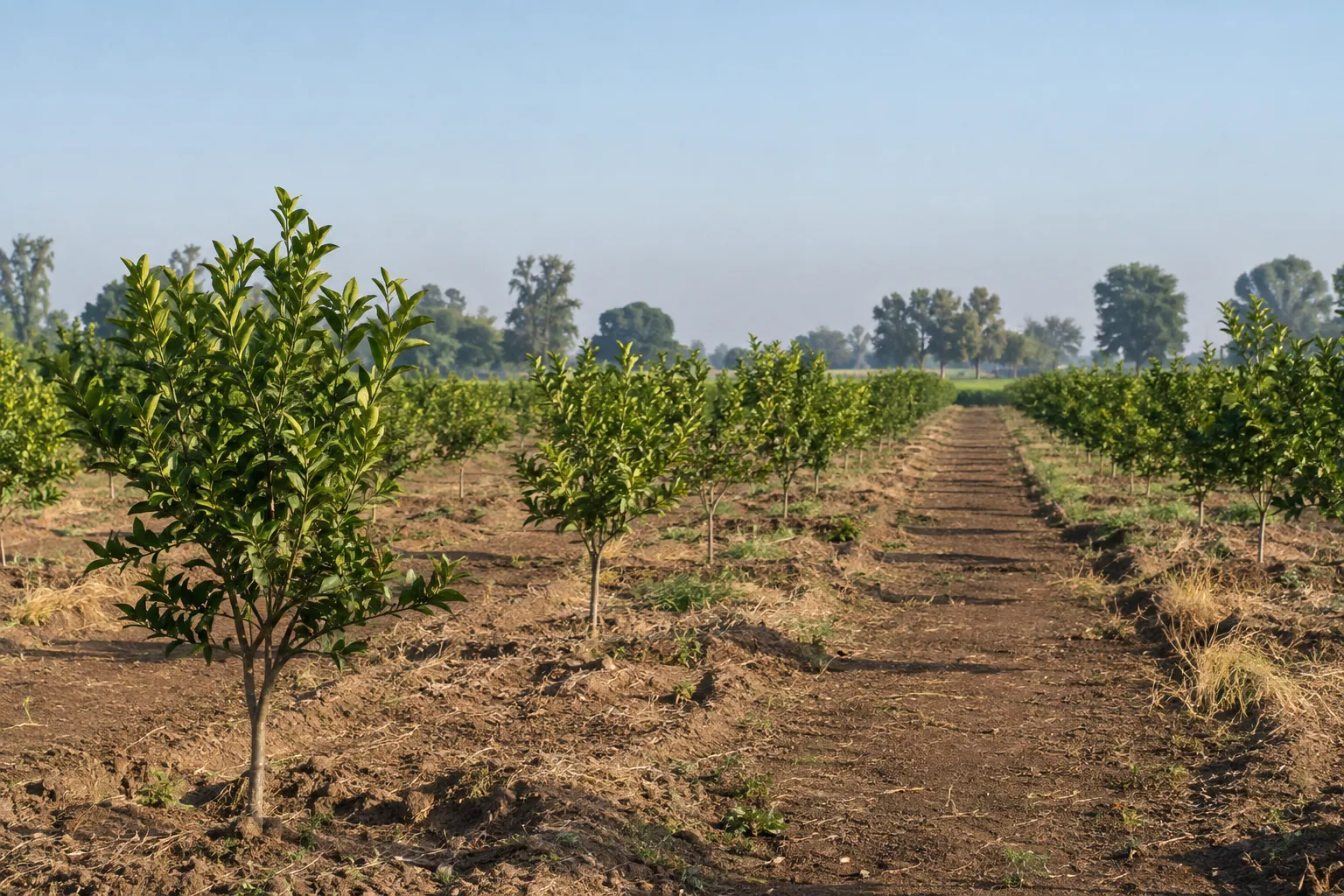 Young citrus trees growing in a row across flat Punjab farmland