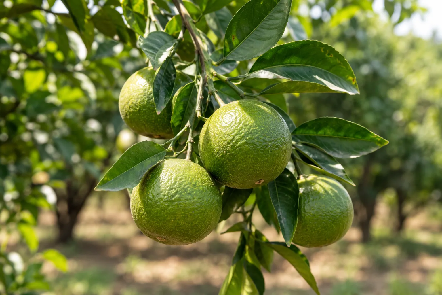 young green fruit growing on a citrus branch